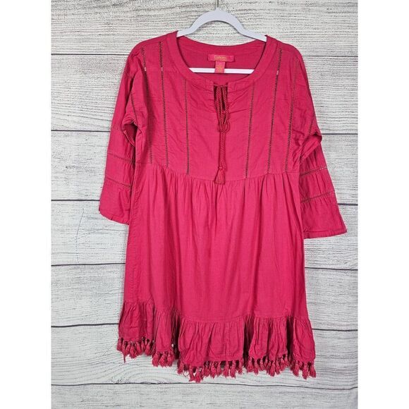 Catherine Malandrino Fringe Tassel Cover-Up Peasent Dress Fuchsia Pink Size XS - Picture 1 of 6